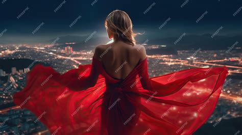 Premium Photo Back Side In Red Flying Dress Woman Red Flying Dress