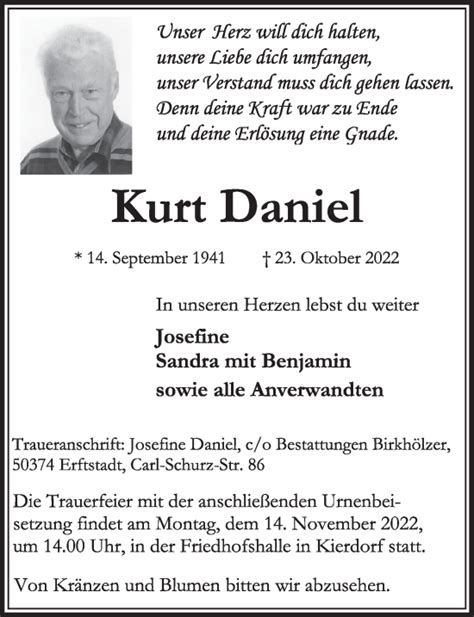 Traueranzeigen Von Kurt Daniel WirTrauern