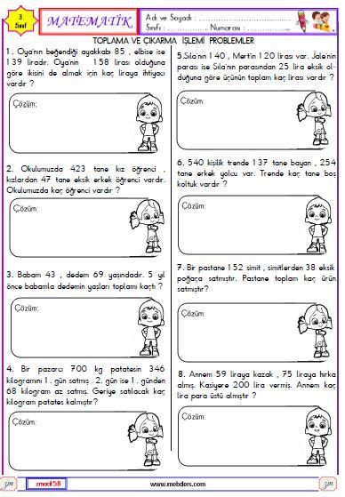 3 Sınıf Matematik Toplama ve Çıkarma İşlemi Problemleri Etkinliği 3