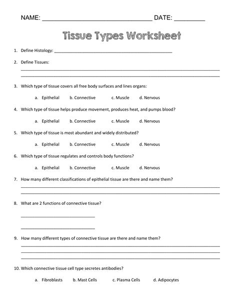 Types Of Tissues Worksheets