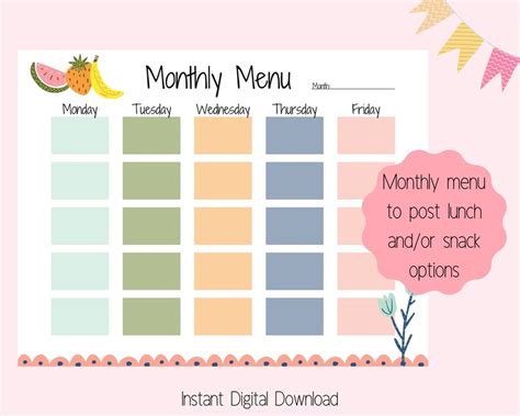 School Lunch Menu Printable, Weekly Lunch Menu Template, Monthly Lunch ...