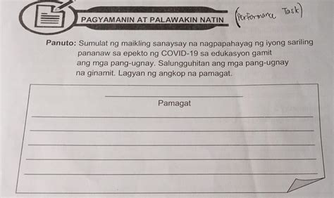 Performance Task Panuto Sumulat Ng Maikling Sanaysay Na Nagpapahayag