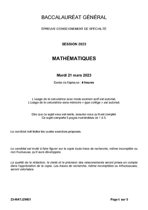 Baccalaur at g n ral 2023 math matiques 133949 BACCALAURÉAT GÉNÉRAL