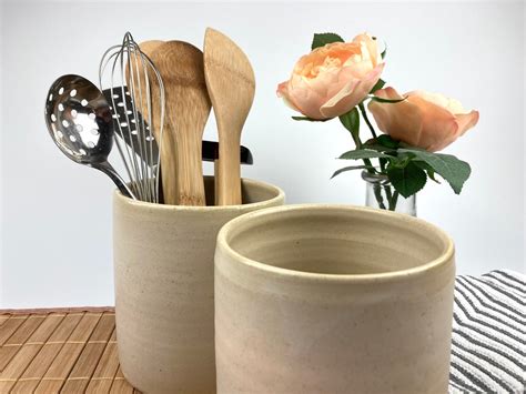 Ceramic Utensil Holder Beige Handmade T For Pottery Lovers Etsy