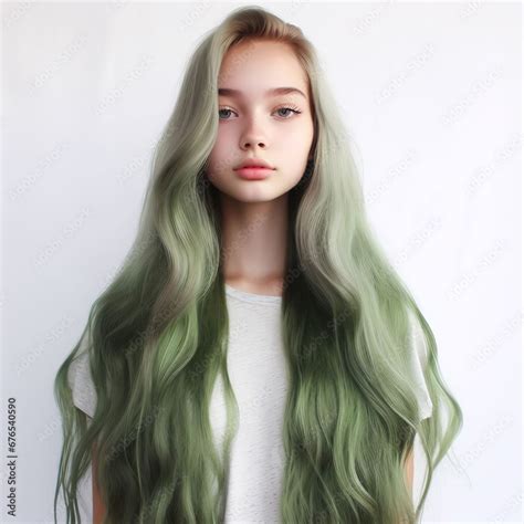 Green Haired Girl Posing For The Camera She Is Looking At The Camera With A Confident And