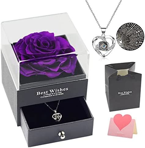 Preserved Rose With I Love You Necklace Gift Box Enchanted Real Rose