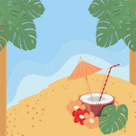 Premium Vector Drink In Half Coconut With Cocktail Straw Umbrella Inside Flowers And Monstera