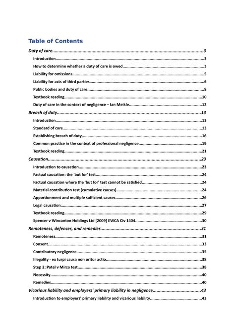 Compiled Prepare Notes For Tort Law Workshops Table Of Contents Duty