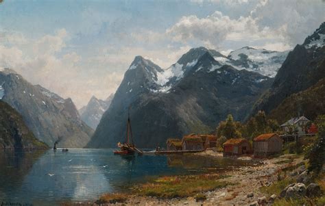 Fjordlandskap med folkeliv dampbåten kommer by Anders Askevold 1890