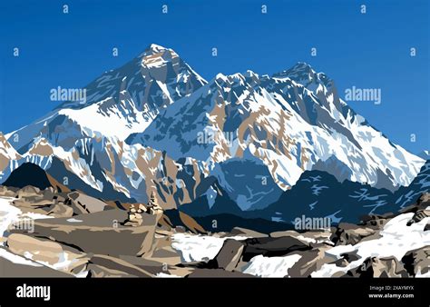 Mount Everest And Lhotse From Gokyo Peak Vector Illustration Khumbu