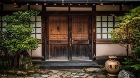 Fundo Casa Japonesa Portas De Madeira E Plantas Fundo Porta De