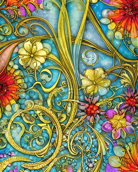 Beautiful Whimsical Art Nouveau Summer Flowers And Leaves And Gems