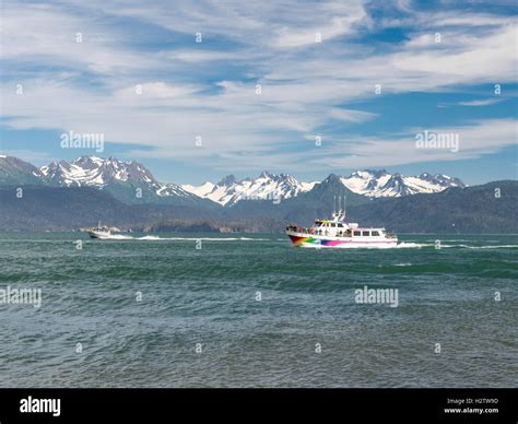 A Tour Boat Returns To Harbor Homer Spit Overlooking Kachemak Bay