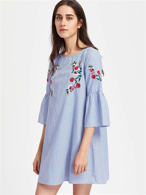 Fluted Sleeve Blossom Embroidered Striped Dress Shein Sheinside