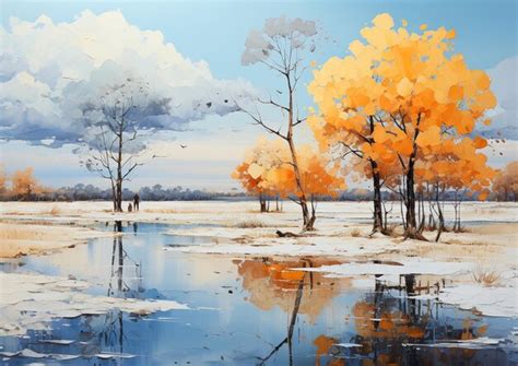 Premium AI Image | Painting of a landscape with a pond and trees in the ...