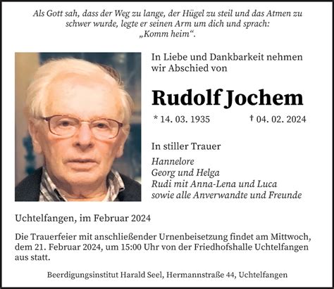 Traueranzeigen Von Rudolf Jochem Saarbruecker Zeitung Trauer De