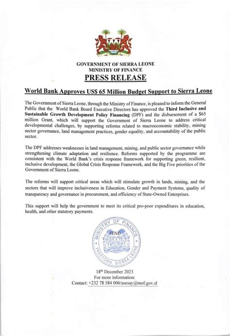 World Bank Approves US 65 Million Budget Support To Sierra Leone