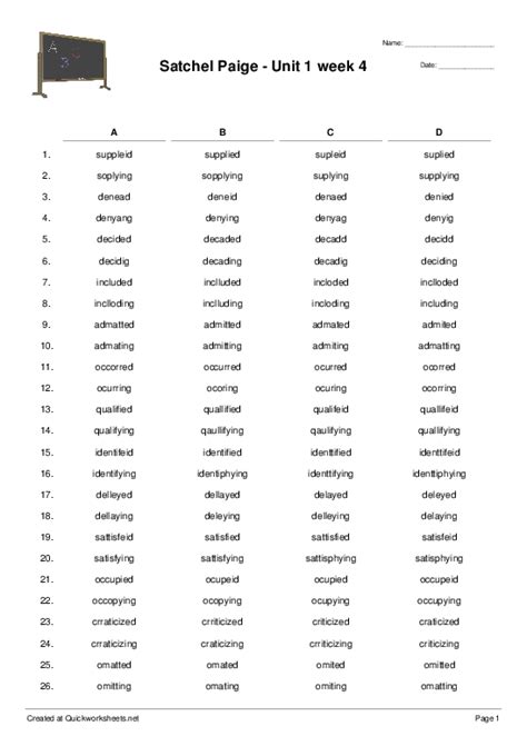 Satchel Paige Unit 1 Week 4 Spelling Test Quickworksheets