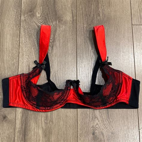 Cacique Intimates And Sleepwear Cacique Red Satin And Black Lace Quarter Cup Bra Size 44b