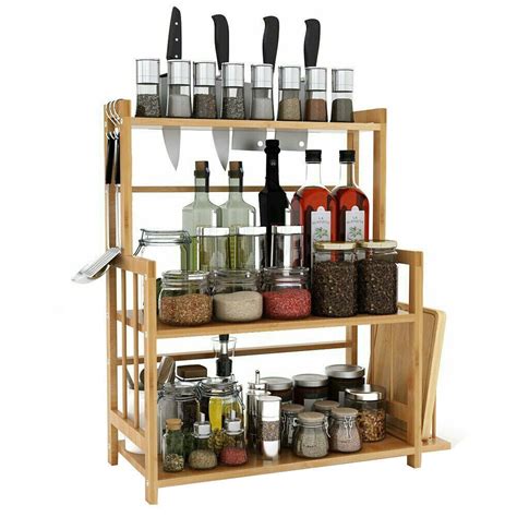 3 Tier Bamboo Spice Rack Herb Jar Knife Holder Kitchen Etsy