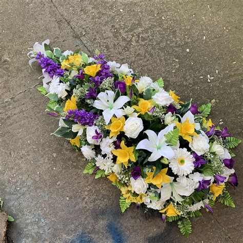 Purple White And Yellow Single Ended Coffin Spray Funeral Flowers