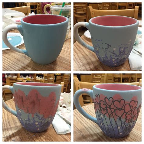 Four Pictures Of Coffee Mugs With Hearts Painted On The Inside And