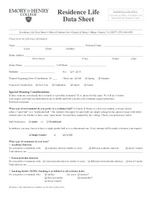 Fillable Online Residence Life Emory Henry College Fax Email Print