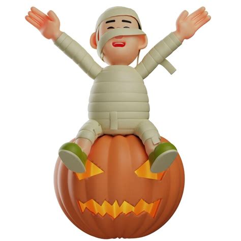 Ilustración 3d 3d cute mummy cartoon sentado en una gran calabaza para