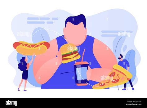 Overweight Man Eating Burger Tiny People Giving Fast Food Overeating Addiction Binge Eating