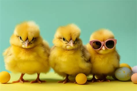 Three Cute Chicken Chicks Wearing Sunglasses Representing A Fun And Playful Image Ai Generated