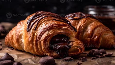Homemade French croissant, stuffed with chocolate and butter, indulgent ...