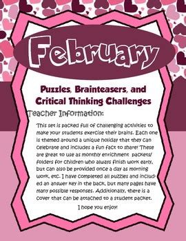 February Brain Teasers and Critical Thinking Challenges- Enrichment Folder