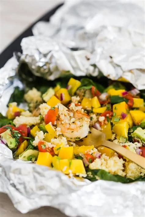 Shrimp Couscous Packets With Avocado Mango Salsa Nutmeg Nanny