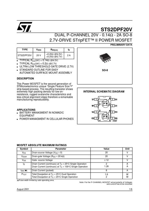 Sts2dpf20v St Microelectronics Mosfet Hoja De Datos Ficha Técnica