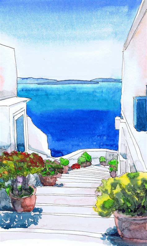 Santorini Print, Greek Art Print Greece Watercolor Painting Landscape ...