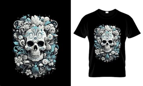 Vektor Wei Er Totenkopf In Blumen Schwarzes T Shirt Design