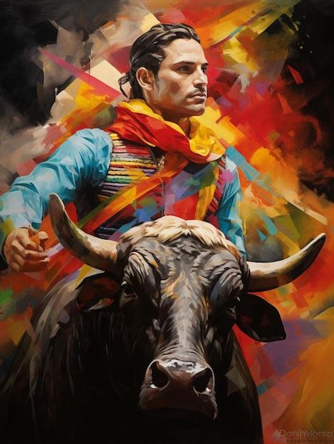 Premium AI Image | A man with a bull and a bull painting of a man with ...