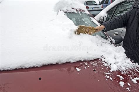 Driver Cleans The Snow From The Car Stock Image Image Of Closeup