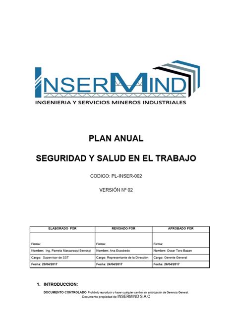 Pl 002 Plan Anual De Seguridad Y Salud En El Trabajo V2 Pdf Seguridad Y Salud Ocupacional