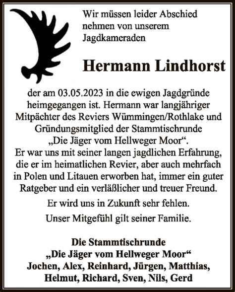 Traueranzeigen Von Hermann Lindhorst Trauer Kreiszeitung De