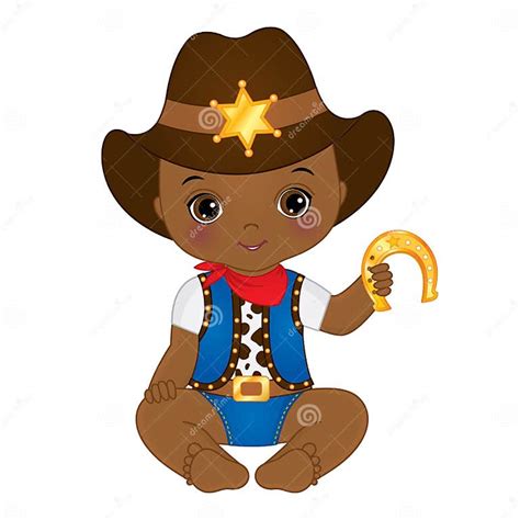 Vector Cute Little African American Baby Boy Dressed As Cowboy Stock