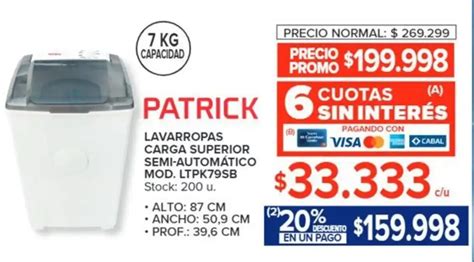 PATRICK LAVARROPAS CARGA SUPERIOR SEMI AUTOMÁTICO 7KG oferta en Carrefour