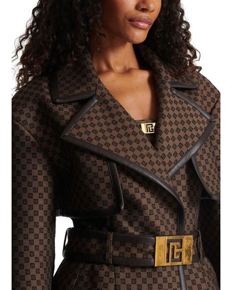 Balmain Mini Monogram Jacquard Trench Coat In Brown Lyst