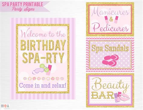 Gold Spa Birthday Party Printable Signs Door Sign Facials Spa Sandals