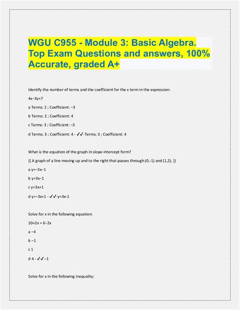 WGU C955 Module 3 Basic Algebra Top Exam Questions And Answers 100