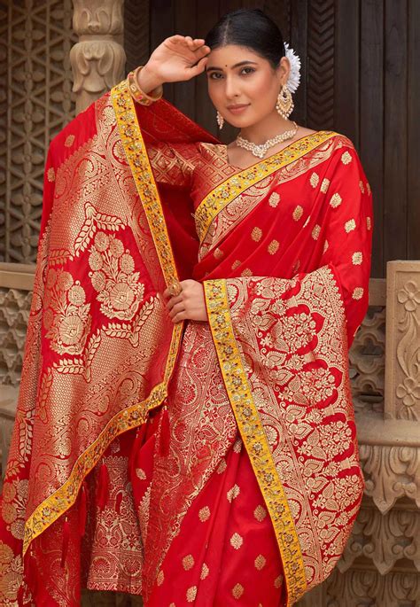 Banarasi Silk Saree With Blouse In Red Colour 5008