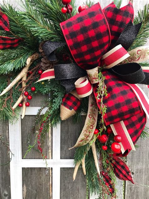 Buffalo Plaid Christmas Wreath Rustic Wreath Bufflao Plaid Etsy