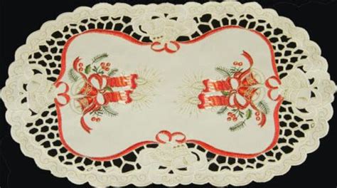 Christmas Embroidered Poinsettia Bell Candle Placemat Table Runner