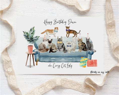 Crazy Cat Lady Birthday Card Cute Cats Personalised Birthday Etsy