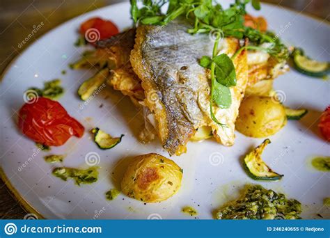 Pan Seared Fillets Of Seabass Stock Image Image Of Cherry Colourful